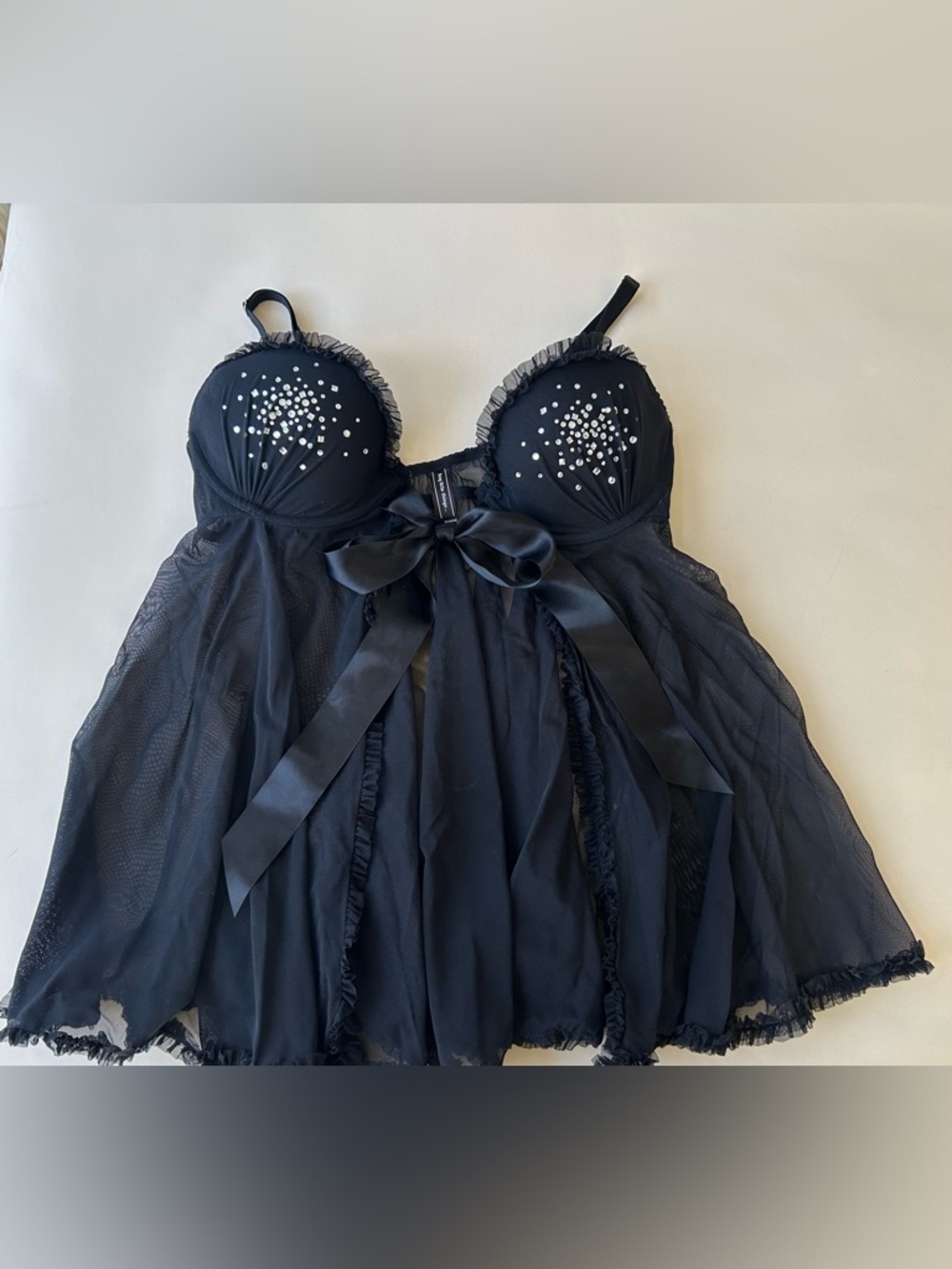 Victoria's Secret Black Rhinestone Babydoll Chemise with Satin Bow size 36D